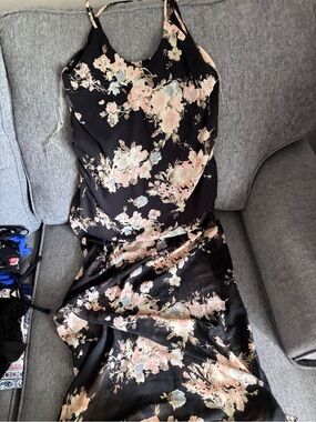 Black Floral Slip Dress with Pink Blossom Print